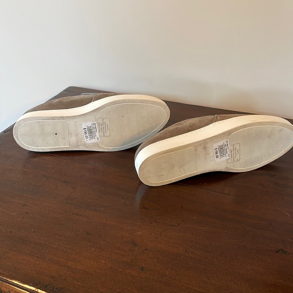 Vince shearling slides with green suede exterior